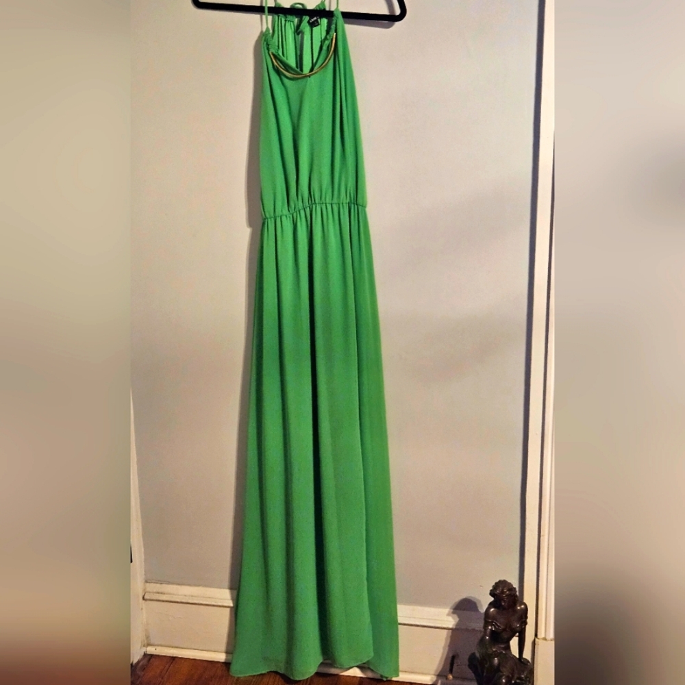 Gianni Bini Maxi Gown Size Small Green  Slit Cut on Side Gold Detail at Neck